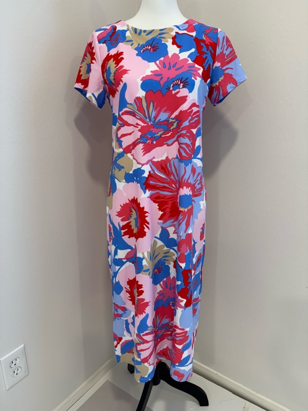 Jude Connally Ella Floral Midi Dress Nylon Short Sleeve Colorful Resort Beach S
